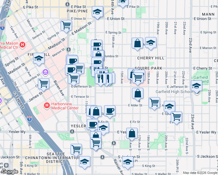 map of restaurants, bars, coffee shops, grocery stores, and more near in Seattle