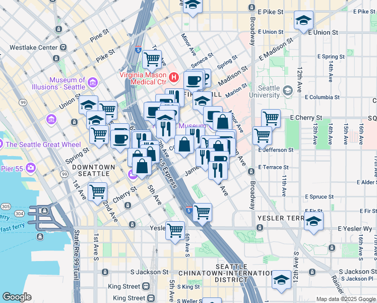 map of restaurants, bars, coffee shops, grocery stores, and more near in Seattle