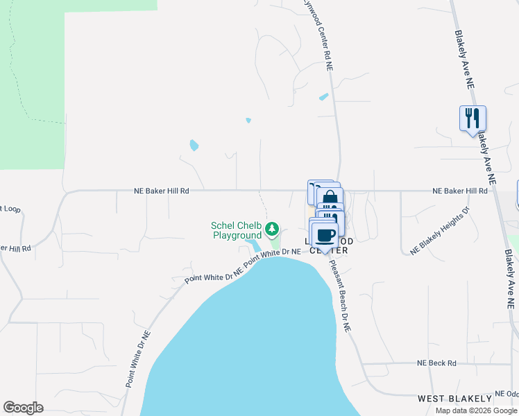 map of restaurants, bars, coffee shops, grocery stores, and more near 4521 Point White Drive Northeast in Bainbridge Island