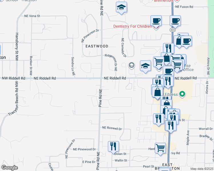 map of restaurants, bars, coffee shops, grocery stores, and more near 617 Northeast Monarch Lane in Bremerton