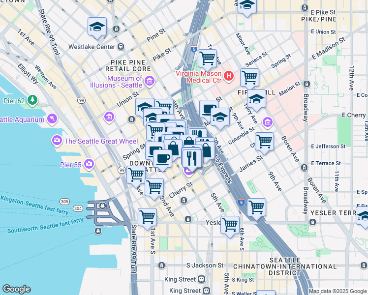 map of restaurants, bars, coffee shops, grocery stores, and more near 901 5th Avenue in Seattle