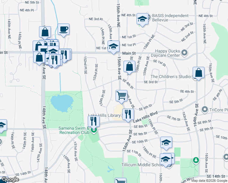 map of restaurants, bars, coffee shops, grocery stores, and more near 456 155th Avenue Southeast in Bellevue