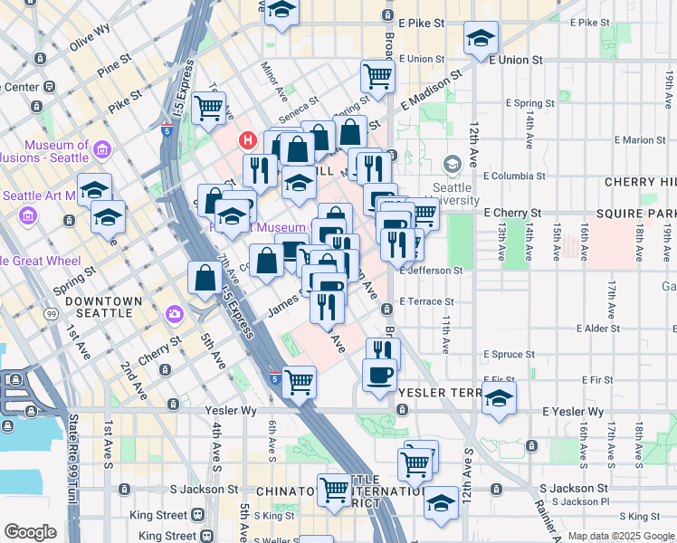 map of restaurants, bars, coffee shops, grocery stores, and more near 908 Jefferson Street in Seattle