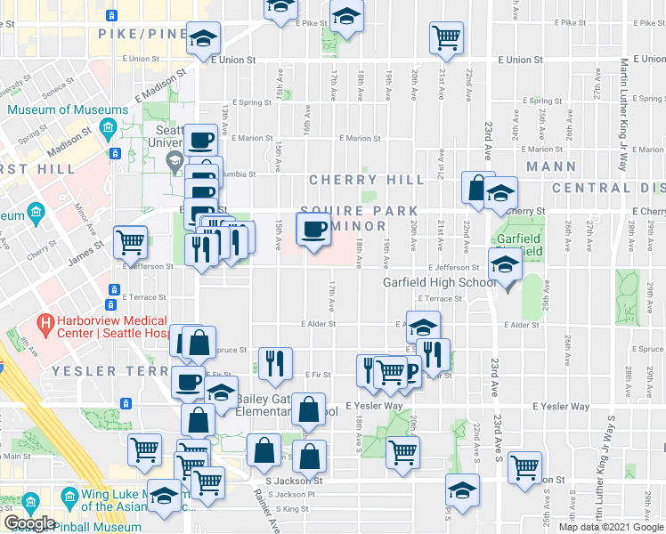 map of restaurants, bars, coffee shops, grocery stores, and more near E Jefferson St & 17th Ave in Seattle