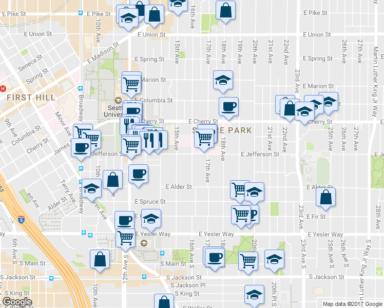 map of restaurants, bars, coffee shops, grocery stores, and more near East Jefferson Street & 16th Avenue in Seattle