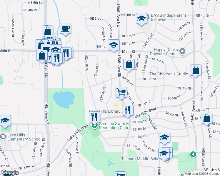 map of restaurants, bars, coffee shops, grocery stores, and more near 456 155th Avenue Southeast in Bellevue
