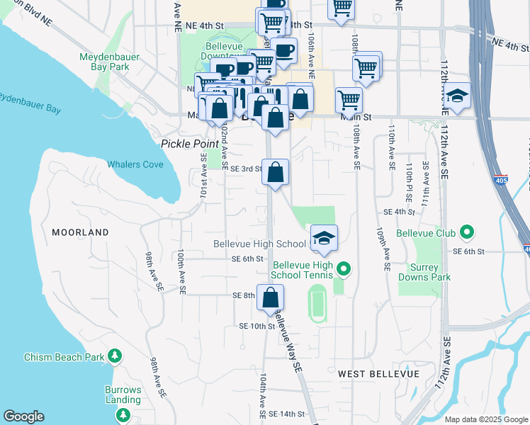 map of restaurants, bars, coffee shops, grocery stores, and more near 527 Bellevue Way Southeast in Bellevue