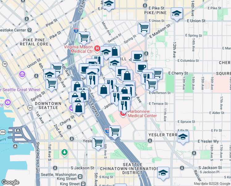 map of restaurants, bars, coffee shops, grocery stores, and more near 603 9th Avenue in Seattle