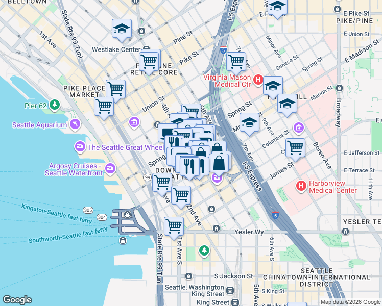 map of restaurants, bars, coffee shops, grocery stores, and more near in Seattle