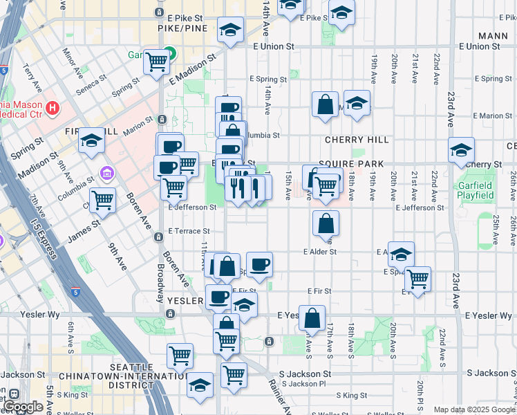 map of restaurants, bars, coffee shops, grocery stores, and more near 1315 East Jefferson Street in Seattle