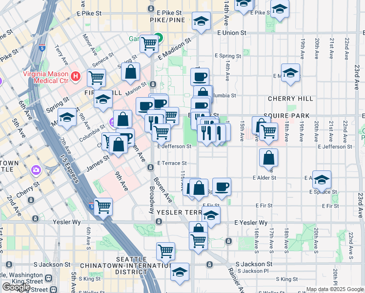 map of restaurants, bars, coffee shops, grocery stores, and more near E Jefferson St & 11th Ave in Seattle
