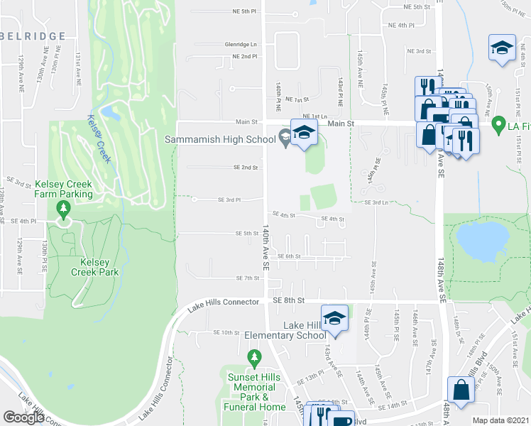 map of restaurants, bars, coffee shops, grocery stores, and more near 140th Ave SE & SE 4th St in Bellevue