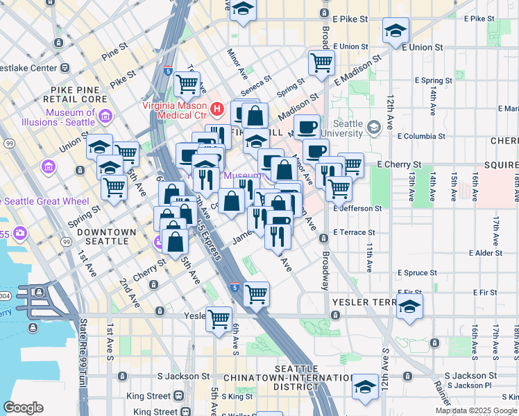 map of restaurants, bars, coffee shops, grocery stores, and more near 905 Cherry Street in Seattle