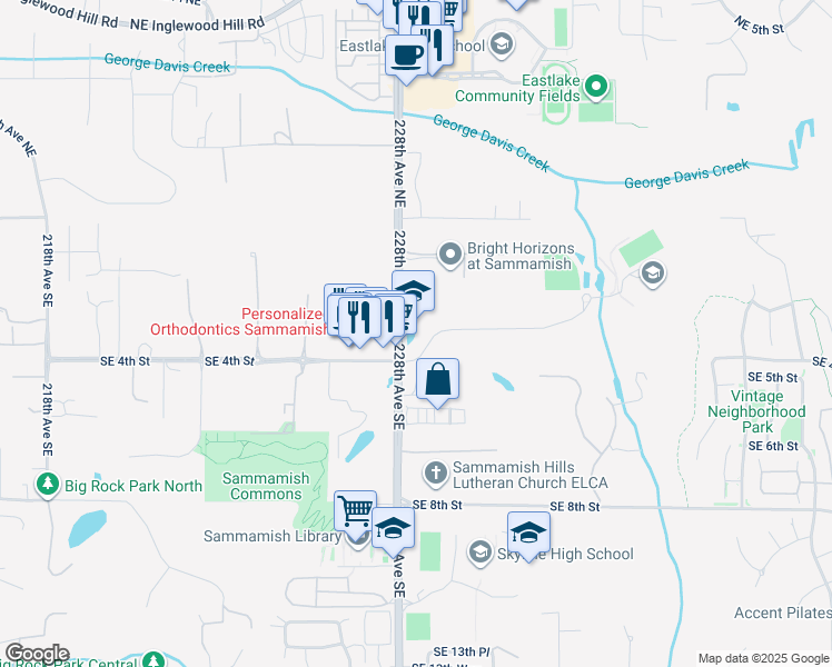 map of restaurants, bars, coffee shops, grocery stores, and more near 232 228th Avenue Southeast in Sammamish