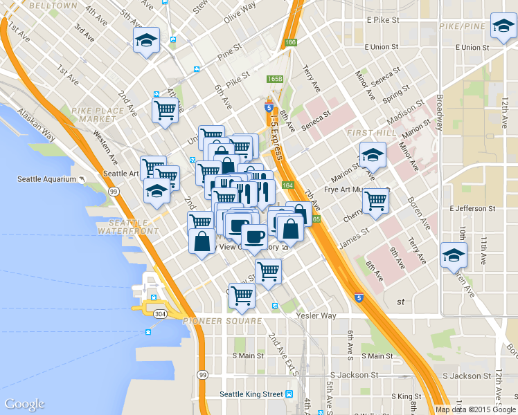 map of restaurants, bars, coffee shops, grocery stores, and more near in Seattle