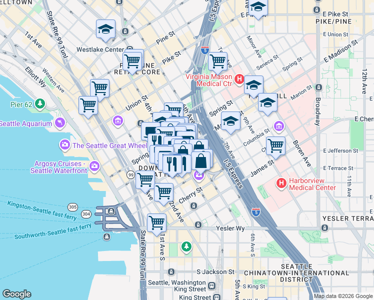 map of restaurants, bars, coffee shops, grocery stores, and more near 909 5th Avenue in Seattle