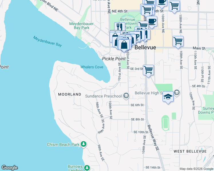 map of restaurants, bars, coffee shops, grocery stores, and more near 9900 Shoreland Drive Southeast in Bellevue