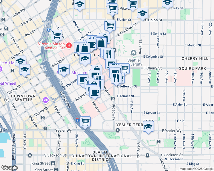 map of restaurants, bars, coffee shops, grocery stores, and more near 612 Boren Avenue in Seattle
