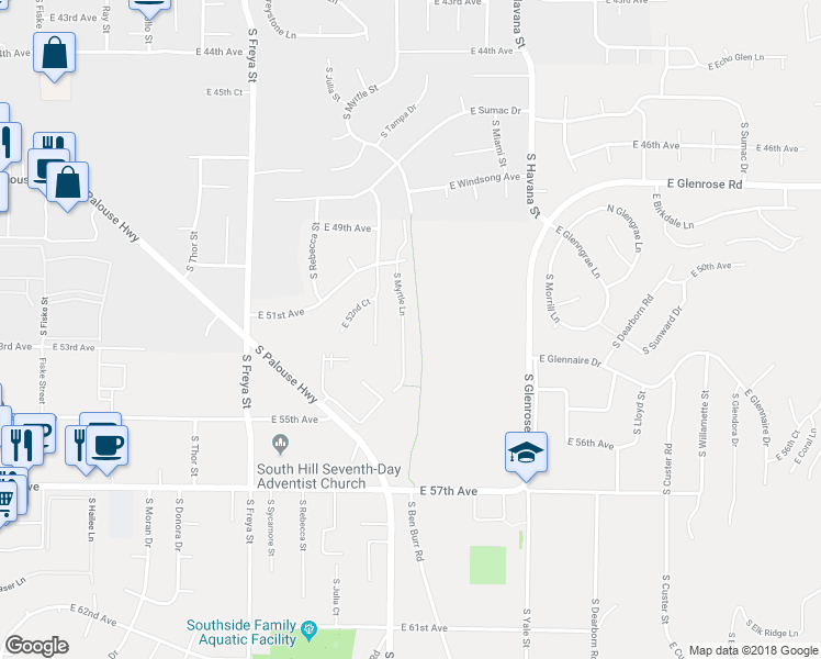 map of restaurants, bars, coffee shops, grocery stores, and more near 5125 South Myrtle Lane in Spokane