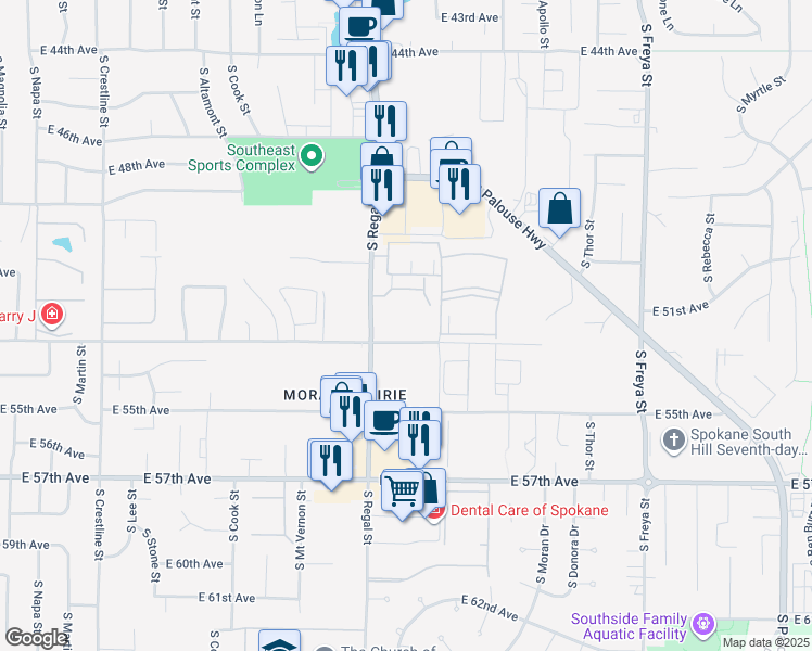 map of restaurants, bars, coffee shops, grocery stores, and more near 5111 South Regal Street in Spokane