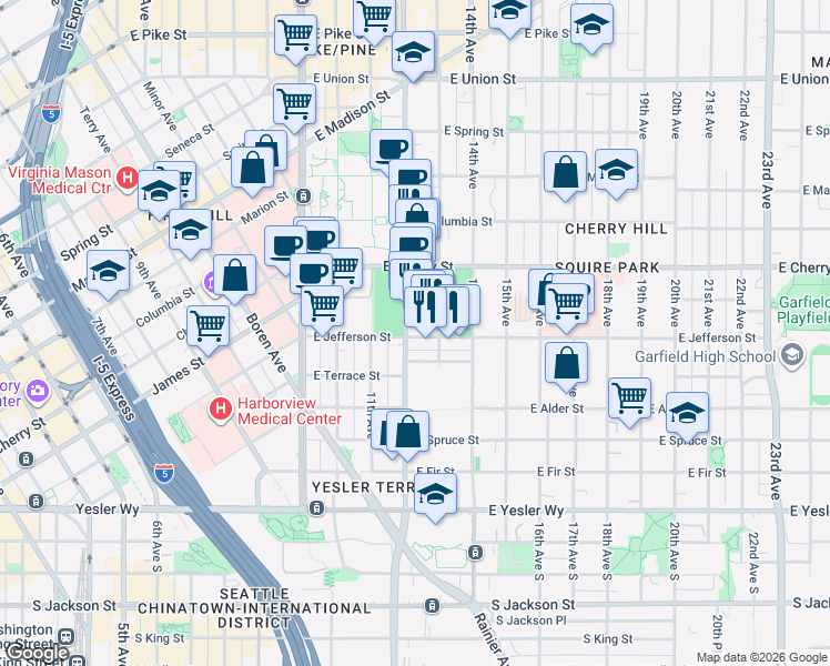 map of restaurants, bars, coffee shops, grocery stores, and more near 1212 East Barclay Court in Seattle