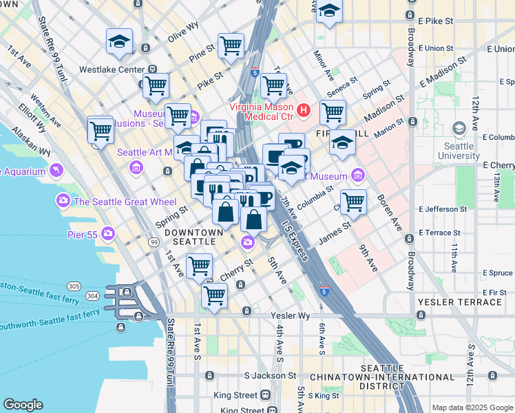 map of restaurants, bars, coffee shops, grocery stores, and more near in Seattle