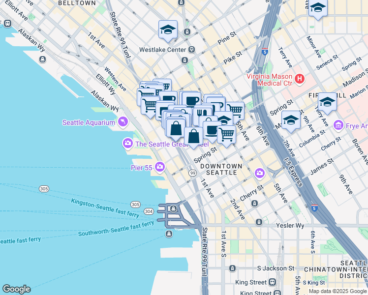 map of restaurants, bars, coffee shops, grocery stores, and more near 1201 2nd Avenue in Seattle
