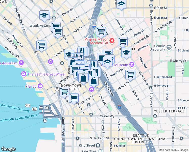 map of restaurants, bars, coffee shops, grocery stores, and more near in Seattle
