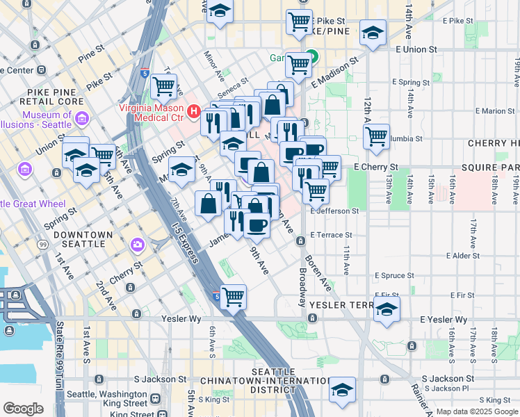 map of restaurants, bars, coffee shops, grocery stores, and more near 620 Terry Avenue in Seattle