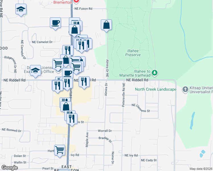 map of restaurants, bars, coffee shops, grocery stores, and more near 4456 Almira Drive in Bremerton