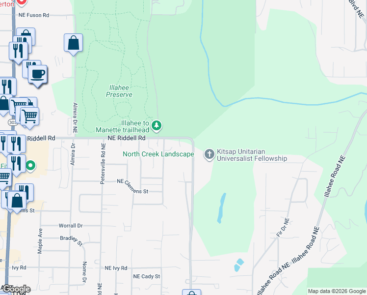 map of restaurants, bars, coffee shops, grocery stores, and more near 2503 Northeast Riddell Road in Bremerton