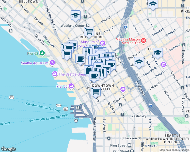 map of restaurants, bars, coffee shops, grocery stores, and more near in Seattle