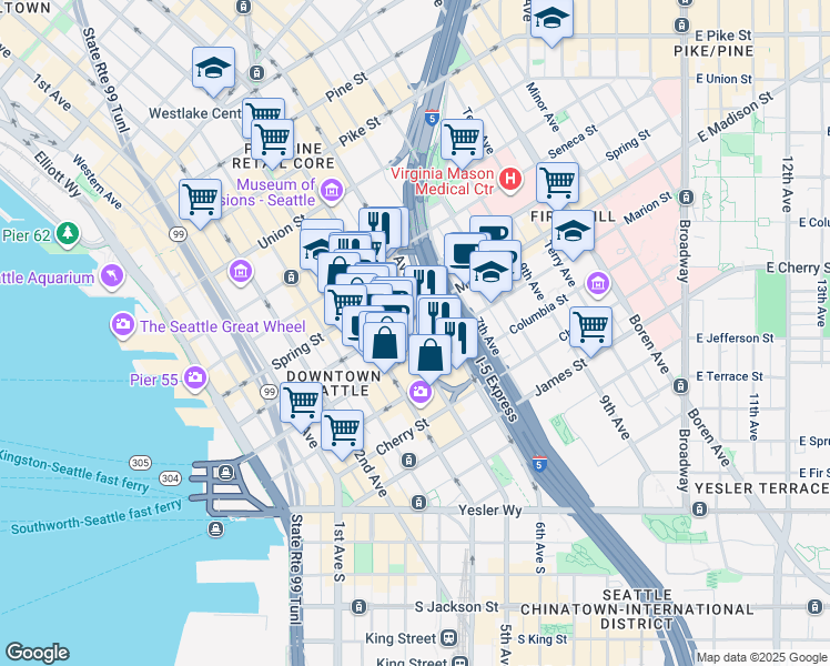 map of restaurants, bars, coffee shops, grocery stores, and more near 920 5th Avenue in Seattle