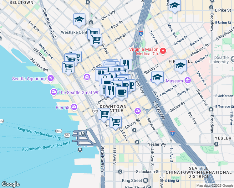 map of restaurants, bars, coffee shops, grocery stores, and more near in Seattle