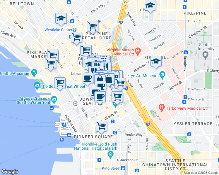 map of restaurants, bars, coffee shops, grocery stores, and more near 1100 5th Avenue in Seattle