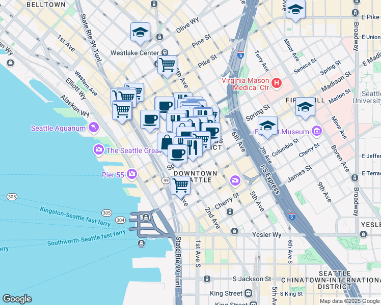 map of restaurants, bars, coffee shops, grocery stores, and more near in Seattle