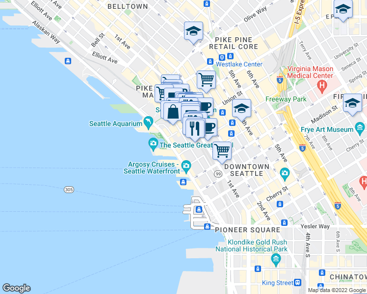 map of restaurants, bars, coffee shops, grocery stores, and more near 1319 Western Avenue in Seattle