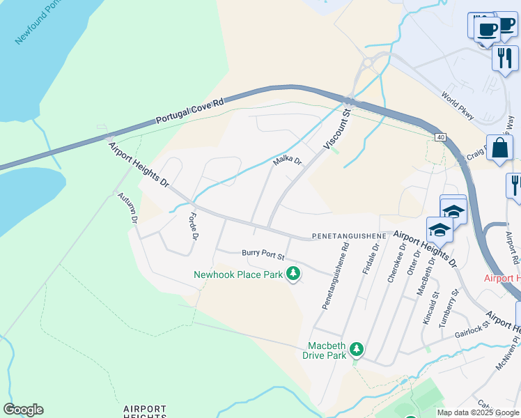 map of restaurants, bars, coffee shops, grocery stores, and more near 10 Malka Drive in St. John's