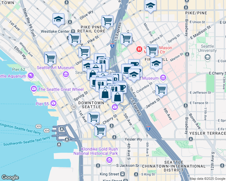 map of restaurants, bars, coffee shops, grocery stores, and more near 920 5th Avenue in Seattle