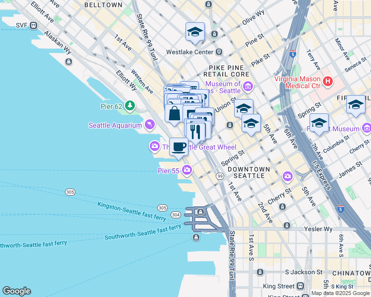 map of restaurants, bars, coffee shops, grocery stores, and more near 50 University Street in Seattle