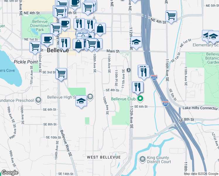 map of restaurants, bars, coffee shops, grocery stores, and more near 10906 Southeast 3rd Street in Bellevue