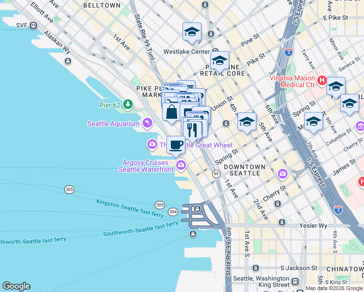 map of restaurants, bars, coffee shops, grocery stores, and more near 50 University Street in Seattle