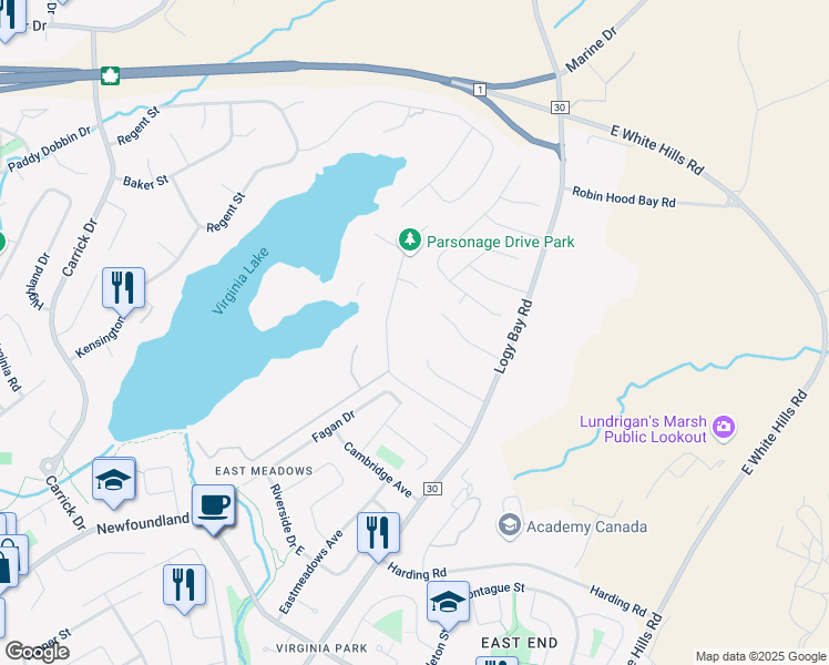 map of restaurants, bars, coffee shops, grocery stores, and more near 41 Marconi Place in St. John's