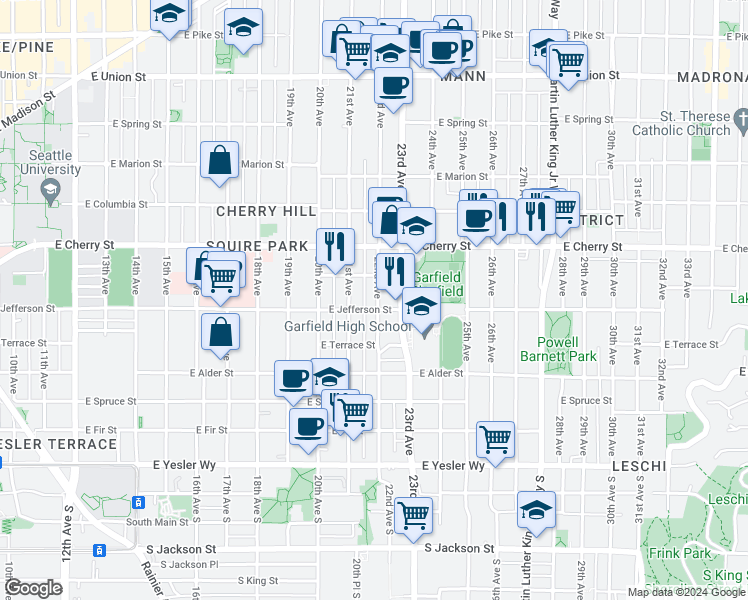 map of restaurants, bars, coffee shops, grocery stores, and more near 523 22nd Avenue in Seattle