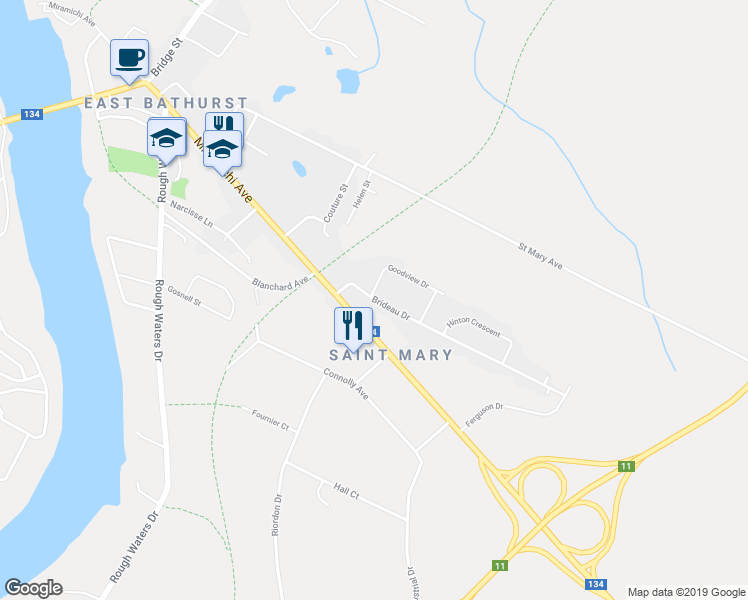 map of restaurants, bars, coffee shops, grocery stores, and more near 1812 Brideau Drive in Bathurst