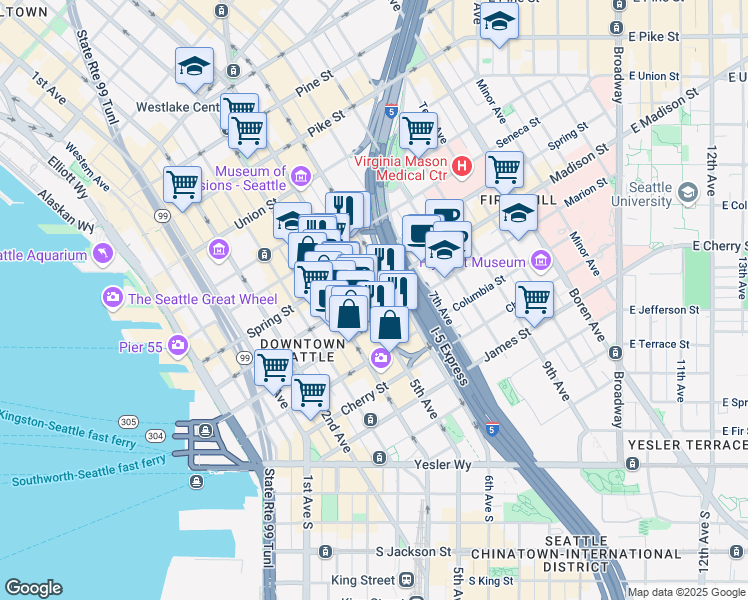 map of restaurants, bars, coffee shops, grocery stores, and more near 505 Madison Street in Seattle