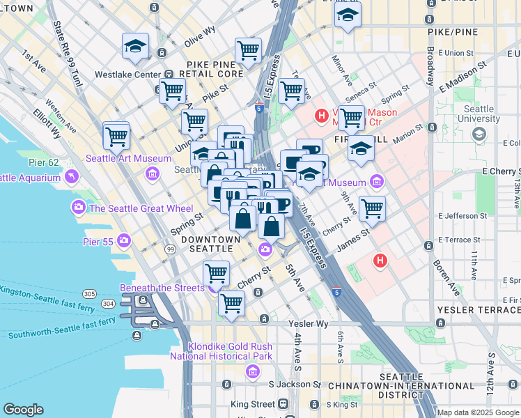 map of restaurants, bars, coffee shops, grocery stores, and more near 505 Madison Street in Seattle