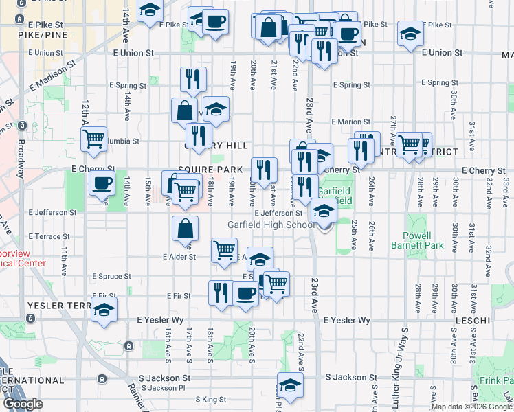 map of restaurants, bars, coffee shops, grocery stores, and more near 2021 East James Street in Seattle