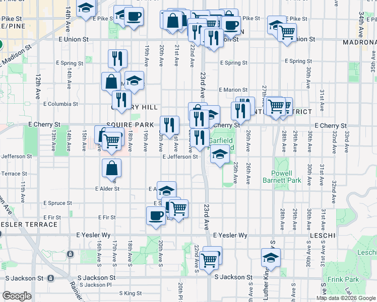 map of restaurants, bars, coffee shops, grocery stores, and more near 523 22nd Avenue in Seattle