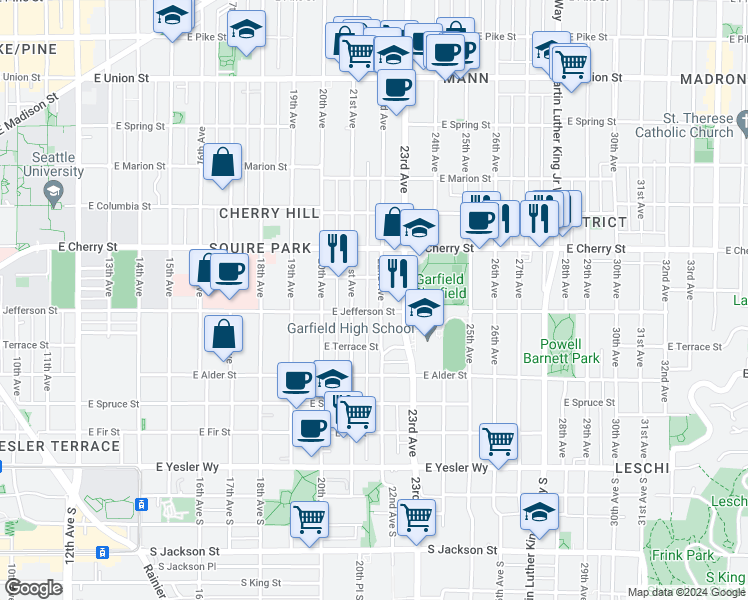 map of restaurants, bars, coffee shops, grocery stores, and more near 523 22nd Avenue in Seattle